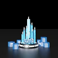 Blue Tech Style Stage with 3D Structure and City Skyline Lighting 3d model