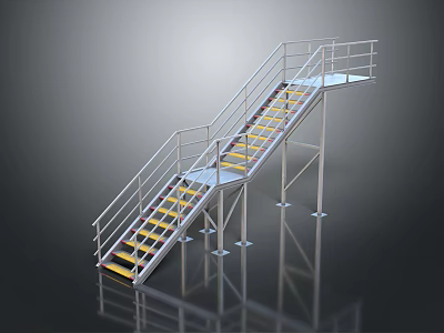 Industrial Metal Staircase With Yellow Steps And Metal Handrails Frame Design 3d model