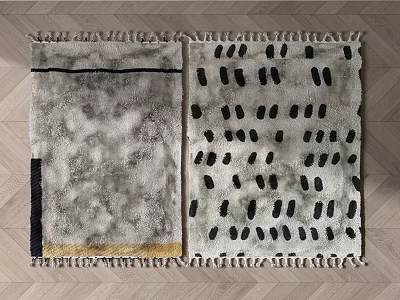 Two Square Rugs With Grey Black Gold Stripes Dots And Fringed Edges 3d model