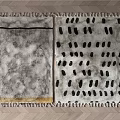 Two Square Rugs With Grey Black Gold Stripes Dots And Fringed Edges