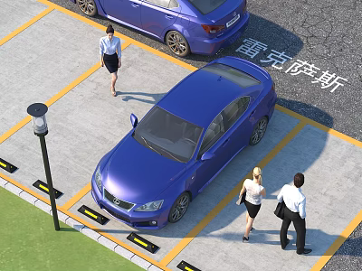 Lexus Blue Sedan Parked In Outdoor Parking Lot With Yellow Lines And People Walking 3d model