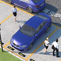 Lexus Blue Sedan Parked In Outdoor Parking Lot With Yellow Lines And People Walking