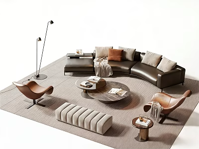 Modern Leather L shaped Sofa and Round Coffee Table Set with Accent Chairs and Pillows 3d model