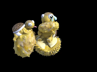 Cute Turtle Dolls With Spiky Yellow Bodies And Big Eyes Sitting Together 3d model