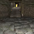 Ancient Stone Passage With Carved Walls Stone Steps And Illuminated Exit