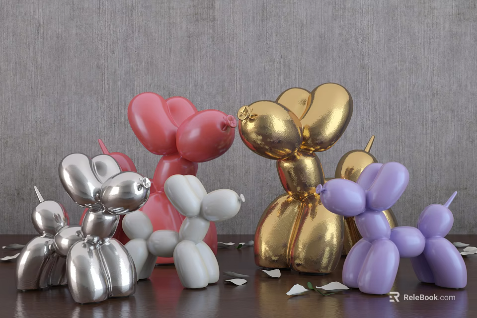 Decorative Metallic Balloon Dog Figurines With Gold Silver Pink Purple White Colors 3d model 