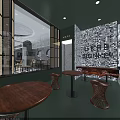 Café Interior With Rattan Chairs Black And White Geometric Floor And Pendant Lights