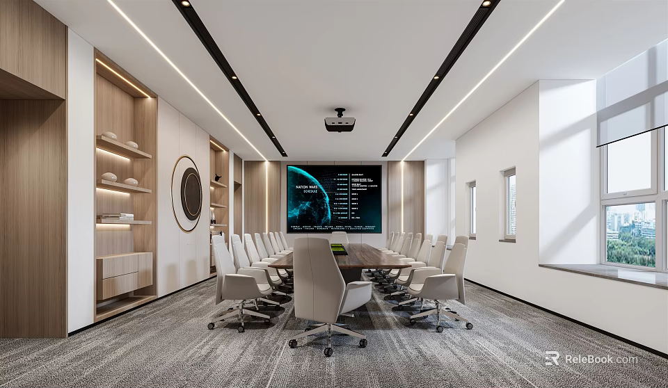 Spacious Modern Conference Room Interior With Long Table White Chairs Projection Screen And Wooden Bookshelves 3d model 