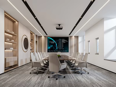 Spacious Modern Conference Room Interior With Long Table White Chairs Projection Screen And Wooden Bookshelves 3d model
