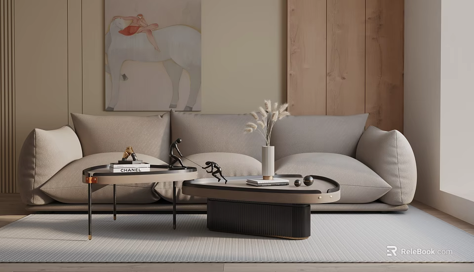 Modern Comfortable Three Seater Sofa With Light Colored Upholstery Coffee Table Vase And Decorative Books 3d model 