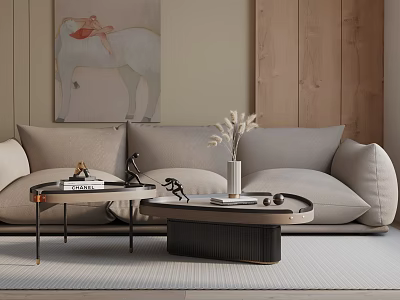 Modern Comfortable Three Seater Sofa With Light Colored Upholstery Coffee Table Vase And Decorative Books 3d model