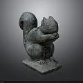 Carved Stone Squirrel Sculpture Holding Nut On Square Base With Weathered Texture 3d model