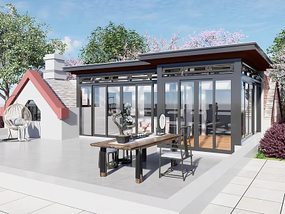 Modern Villa Balcony With Glass Enclosure Outdoor Table Chairs And Green Plants 3d model