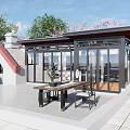 Modern Villa Balcony With Glass Enclosure Outdoor Table Chairs And Green Plants