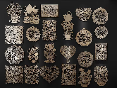 Wooden Laser Cut Wall Decor With Various Shapes Teacup Heart And Word Patterns 3d model