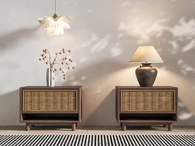 Two Brown Rattan Panel Nightstands With Vase Dried Flowers Table Lamp And Striped Rug 3d model