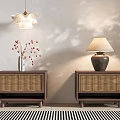 Two Brown Rattan Panel Nightstands With Vase Dried Flowers Table Lamp And Striped Rug