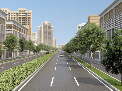Urban Road Infrastructure With Two Way Lanes Green Median Sidewalk Trees And High Rise Buildings 3d model