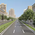 Urban Road Infrastructure With Two Way Lanes Green Median Sidewalk Trees And High Rise Buildings