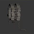 Medieval Stone Architectural Component With Archway Iron Bars and Hanging Chains