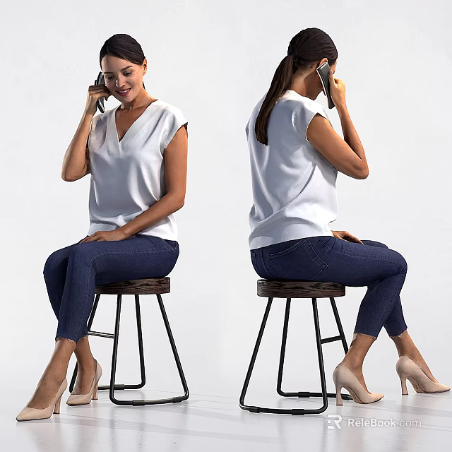 Woman Talking on Phone Sitting on Stool in White Top Blue Jeans and High Heels 3d model 