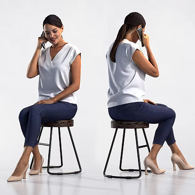 Woman Talking on Phone Sitting on Stool in White Top Blue Jeans and High Heels 3d model