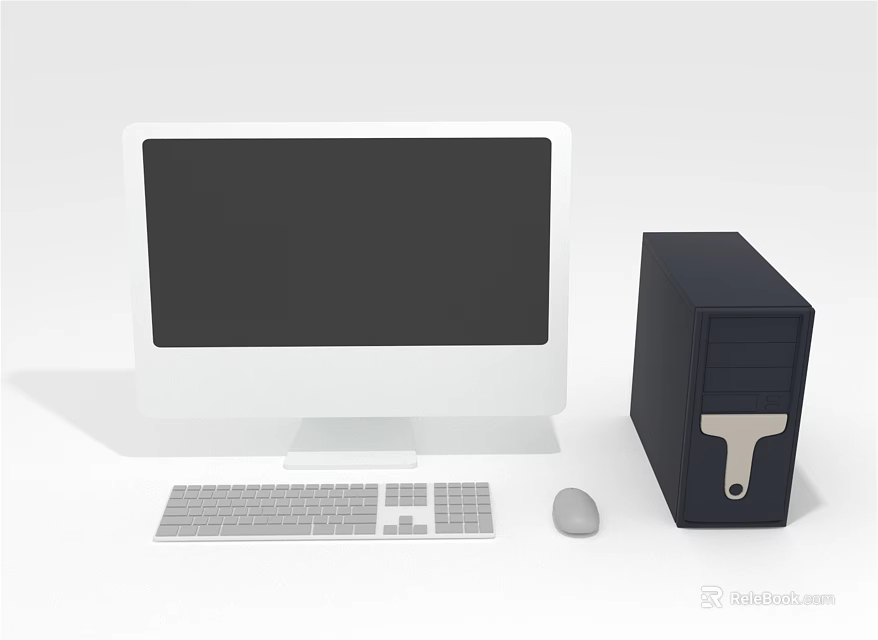 White Desktop Computer Monitor with Black PC Case Gray Keyboard and Mouse Setup 3d model 