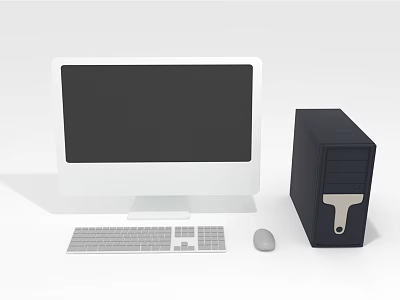 White Desktop Computer Monitor with Black PC Case Gray Keyboard and Mouse Setup 3d model