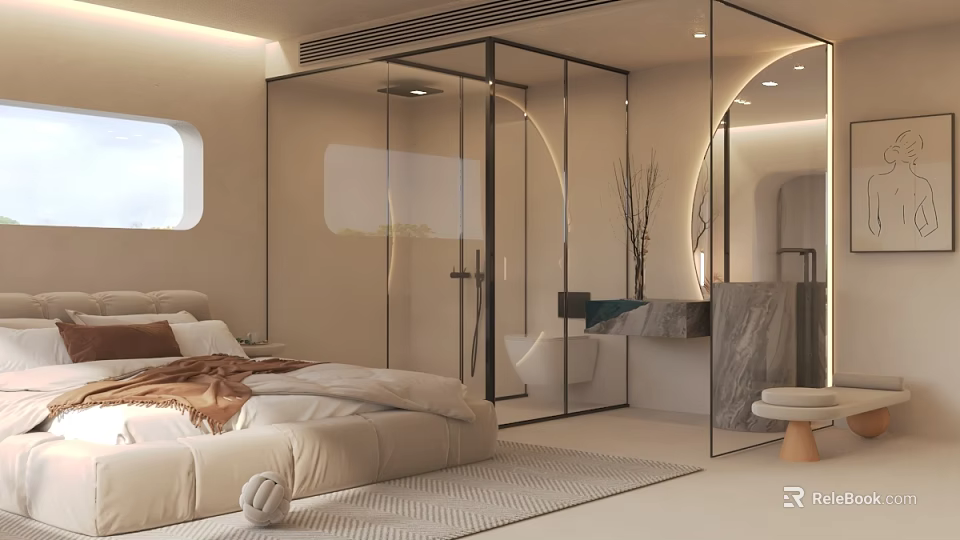 Elegant Modern Hotel Room Interior With Open Bathroom King Bed And Marble Accents 3d model 