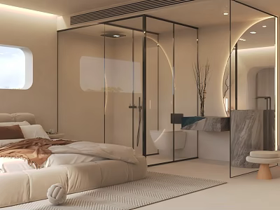 Elegant Modern Hotel Room Interior With Open Bathroom King Bed And Marble Accents 3d model