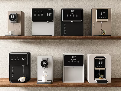 Modern Household Appliances with Digital Displays and Temperature Readings on Wooden Shelves 3d model