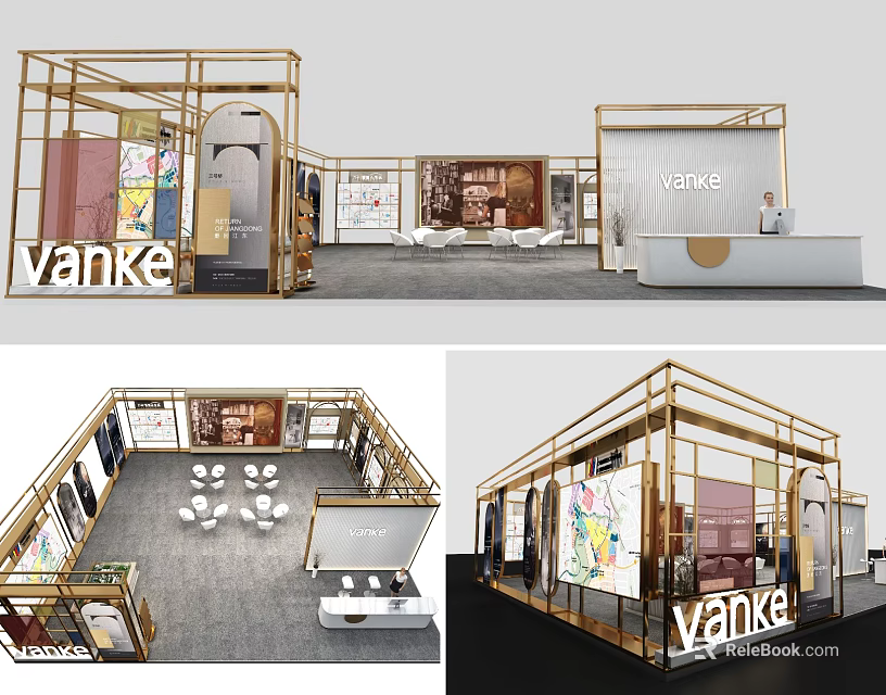 Vanke Golden Frame Exhibition Booth With Display Areas Reception Desk And Modern Interior 3d model 