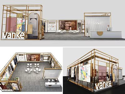 Vanke Golden Frame Exhibition Booth With Display Areas Reception Desk And Modern Interior 3d model