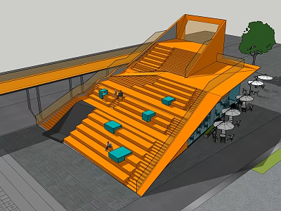 Modern Restaurant With Orange Staircase Blue Seating And Outdoor Dining Tables 3d model