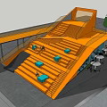 Modern Restaurant With Orange Staircase Blue Seating And Outdoor Dining Tables