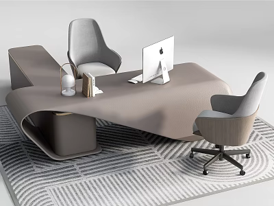 Modern Office Desk Design With Gray Office Chairs Table Lamp Books MacBook And Striped Rug 3d model