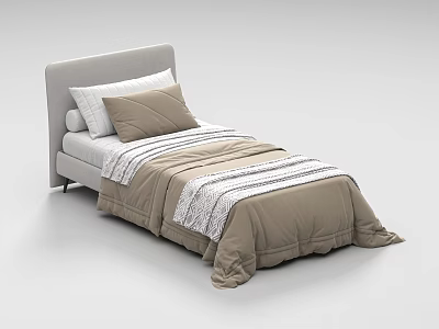 Single Bed with Light Gray Headboard White and Brown Pillows Brown Striped Bedspread Modern Bedroom 3d model