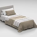 Single Bed with Light Gray Headboard White and Brown Pillows Brown Striped Bedspread Modern Bedroom