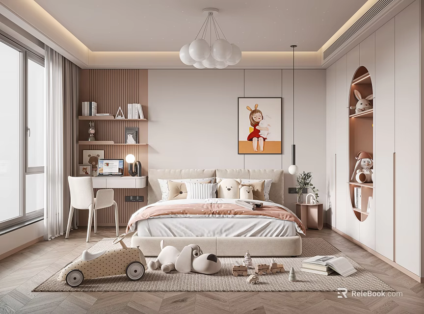 Cozy Modern Kids Bedroom With Bed Toys And Study Desk 3d model 
