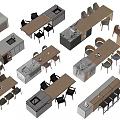 Modern Dining Table Combinations With Wooden Tops Chairs And Kitchen Island 3d model