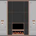 Elegant Black Diamond Pattern TV Wall Design With Fireplace Flames And Copper Sconces 3d model