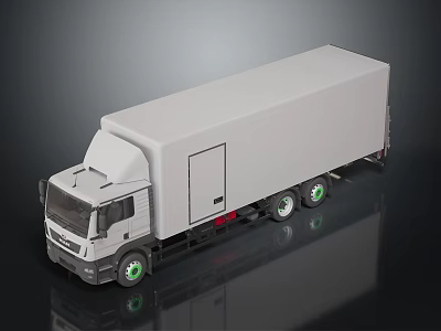 White Box Truck With Green Rims On Reflective Black Surface Design 3d model