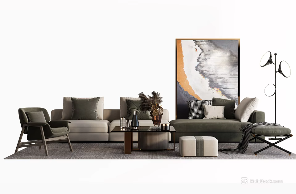 Modern Sofa Coffee Table Combination With Decorative Pillows Abstract Wall Art And Accent Stools 3d model