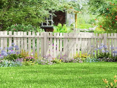 Beautiful Garden Yard With White Picket Fence Lush Green Lawn And Colorful Flowers 3d model