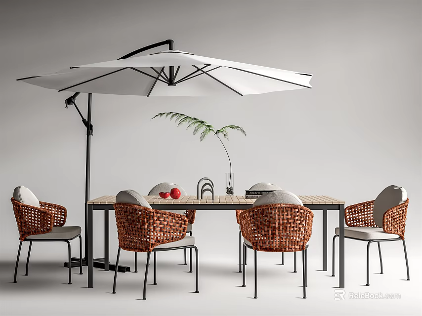 Outdoor Table and Chair Set with Woven Rattan Chairs Rectangular Table White Parasol and Plant 3d model