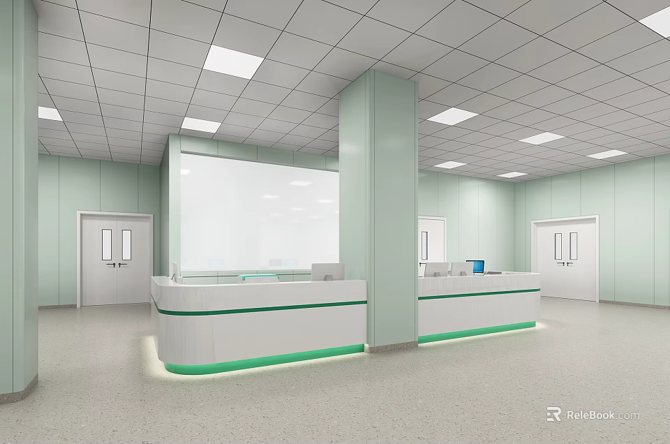 Modern Reception Area Interior With White Green Desk Ceiling Lights And Doors 3d model 