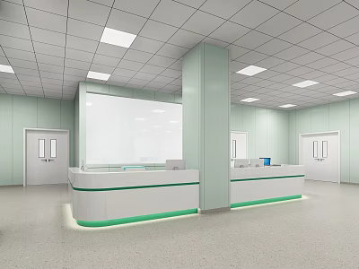 Modern Reception Area Interior With White Green Desk Ceiling Lights And Doors 3d model