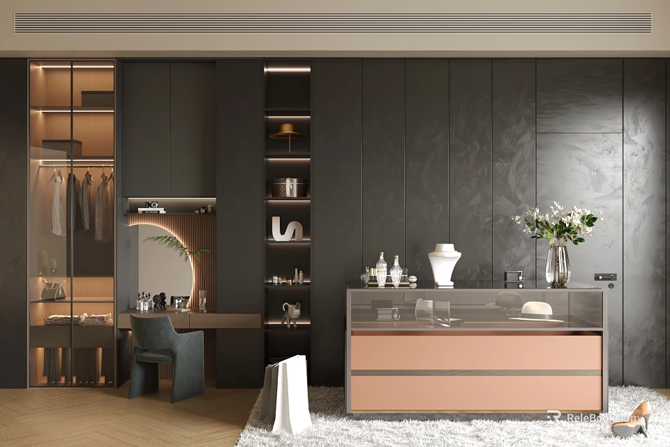 Modern Walk-in Closet Interior Featuring Dark Cabinets Open Shelves Mirror Desk And Jewelry Display Cabinet 3d model 