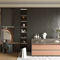 Modern Walk-in Closet Interior Featuring Dark Cabinets Open Shelves Mirror Desk And Jewelry Display Cabinet