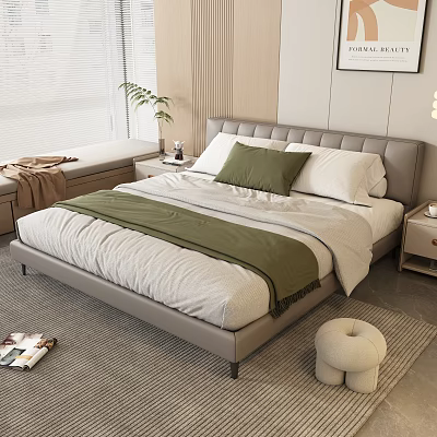 Double Bed With Gray Upholstered Headboard White Green Pillows Green Throw Blanket In Modern Bedroom 3d model
